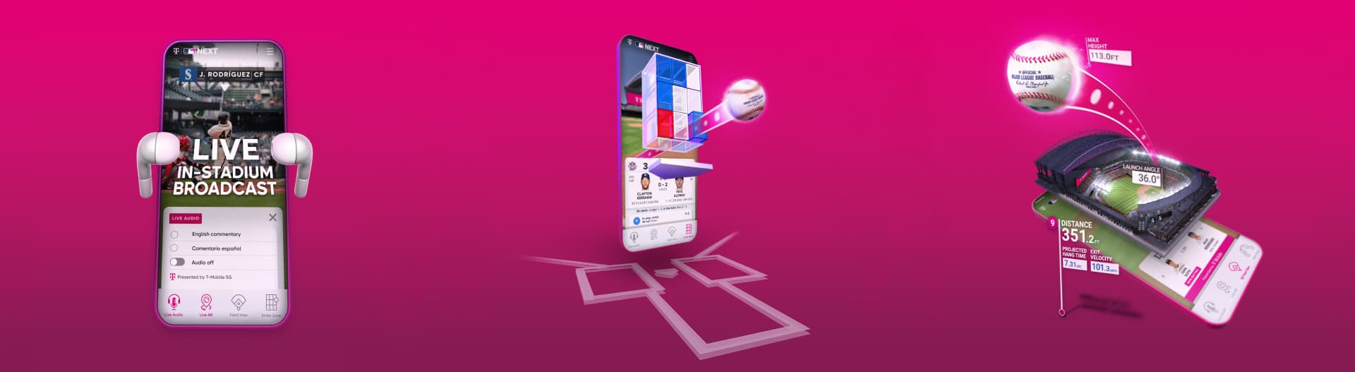 Key features of the MLB Next platform including AR visualizations, real-time data, and interactive content delivery.