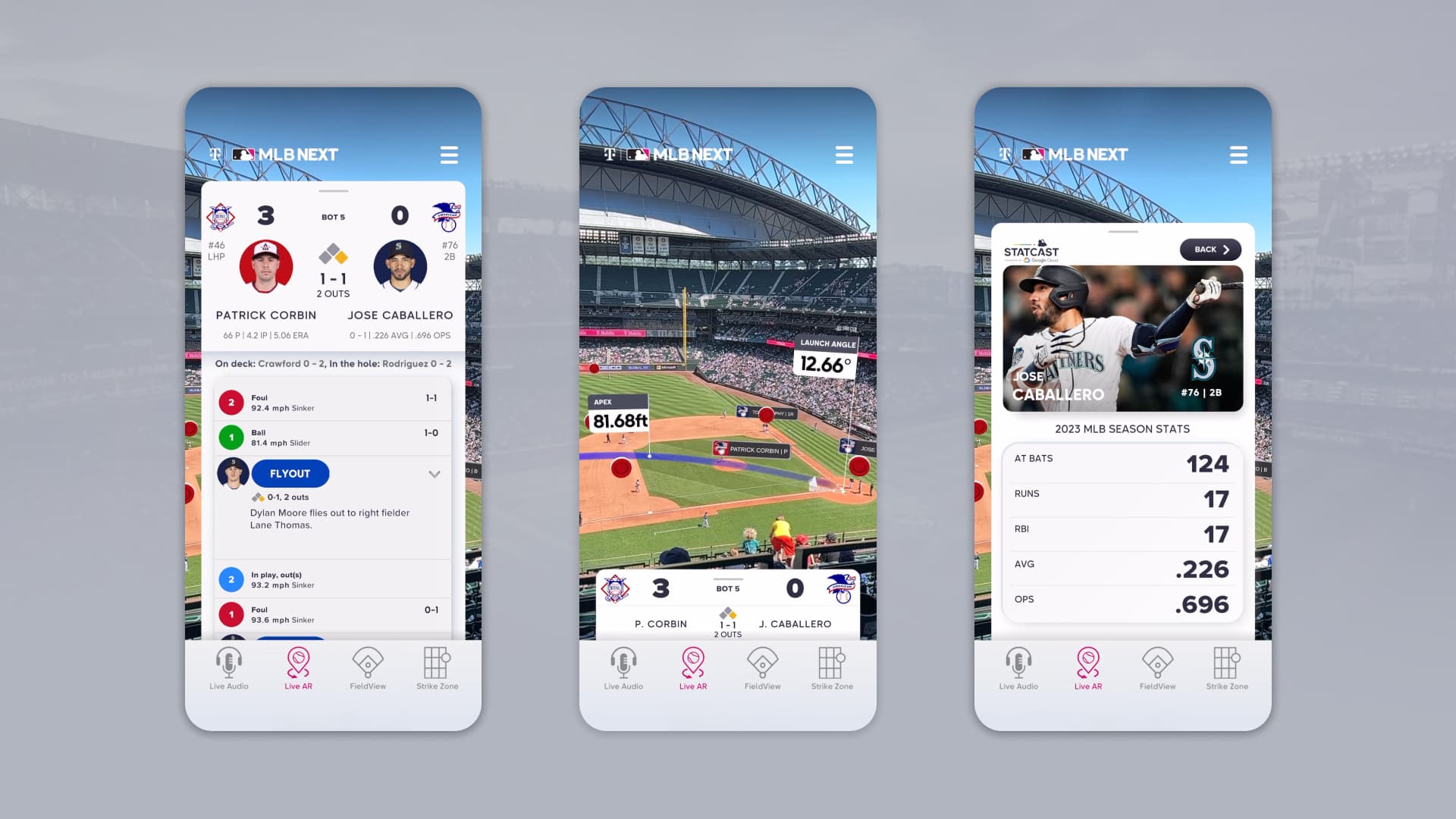 MLB Next AR interface demonstrating immersive baseball statistics and player tracking visualization.