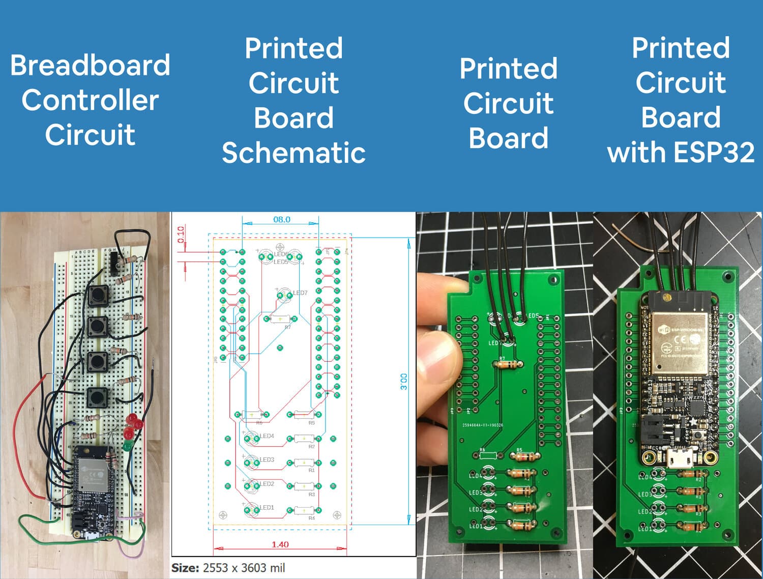 I created a custom PCB for an ESP32 microcontroller in the remote to be able to communicate with the FMB via Bluetooth.

The PCB connected the microcontroller to four buttons representing 16 combinations, a power switch, a multi-functional LED, and an internal, rechargeable battery.