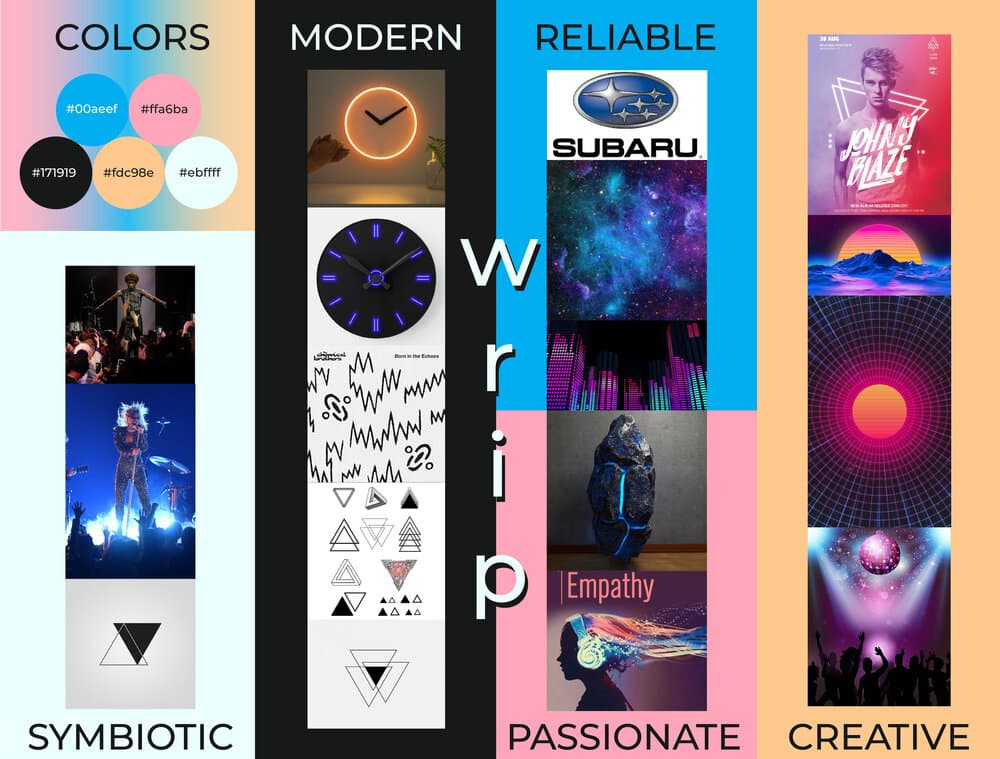 Audience-focused mood board targeting electronic musicians, performance artists, and live production professionals.