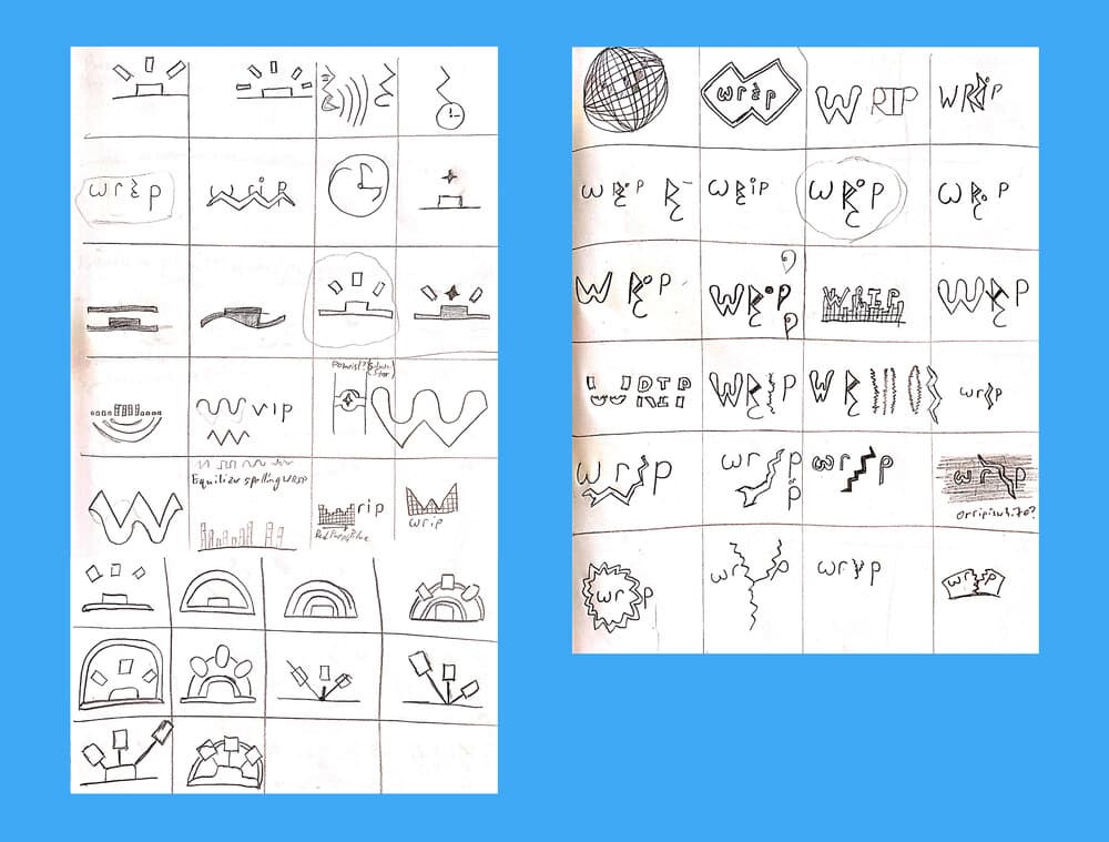 Initial thumbnail concept sketches exploring visual metaphors including oscillation patterns, waveforms, and gestural representations.
