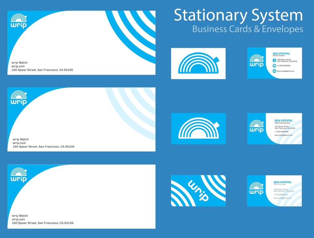 Corporate identity system including business cards with conductive ink elements and custom envelope designs.